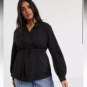 Verona Wraparound Top with Balloon Sleeves and Tie at Waist in Black